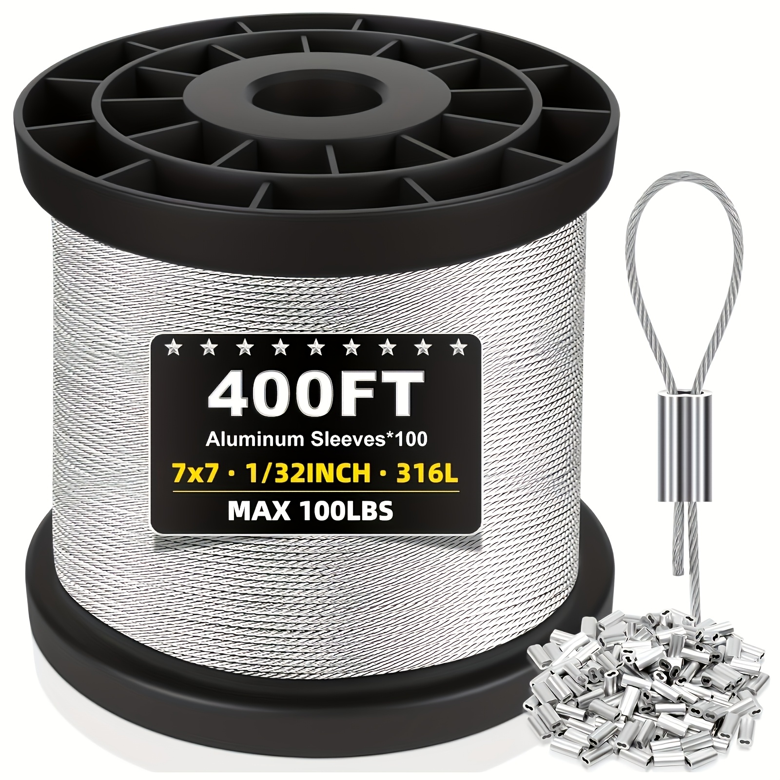 TEMU Câble en acier inoxydable, 100ft/200ft/400ft/600ft, câble en fil d'acier de 1/32 pouce avec 100 manchons, convient pour suspendre des guirlandes