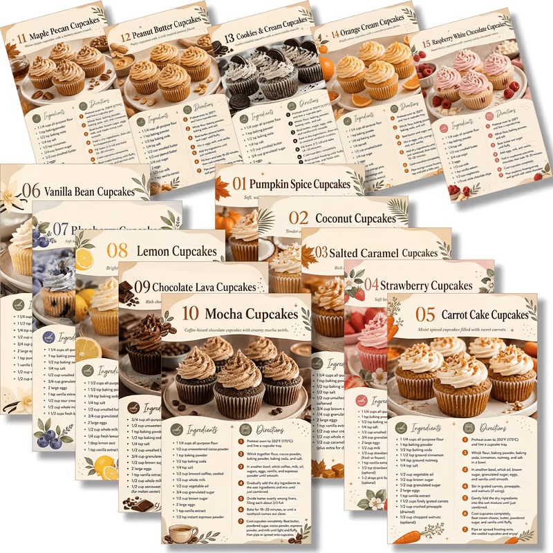 TEMU 20pcs Cupcake Recipe Cards With Baking Guide And Creative Frosting, Ideal For Home Baking Enthusiasts, Beginners, And Dessert Lovers, Kitchen,
