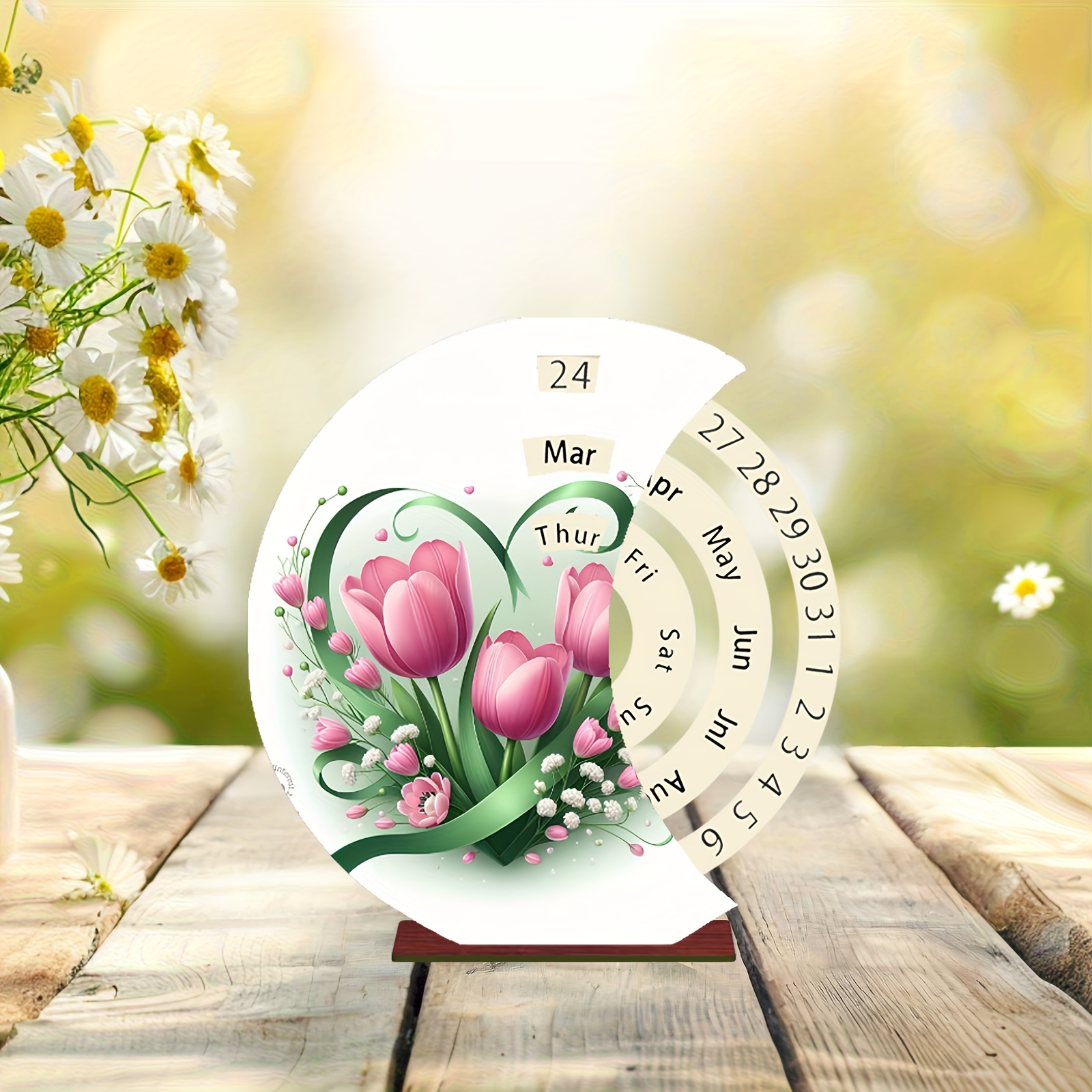 TEMU 1pc Christmas Desktop Decor, Tulip Pattern Wooden Manual Rotating Calendar, Happy Theme Desktop Calendar, Artistic Manual Rotating Desktop