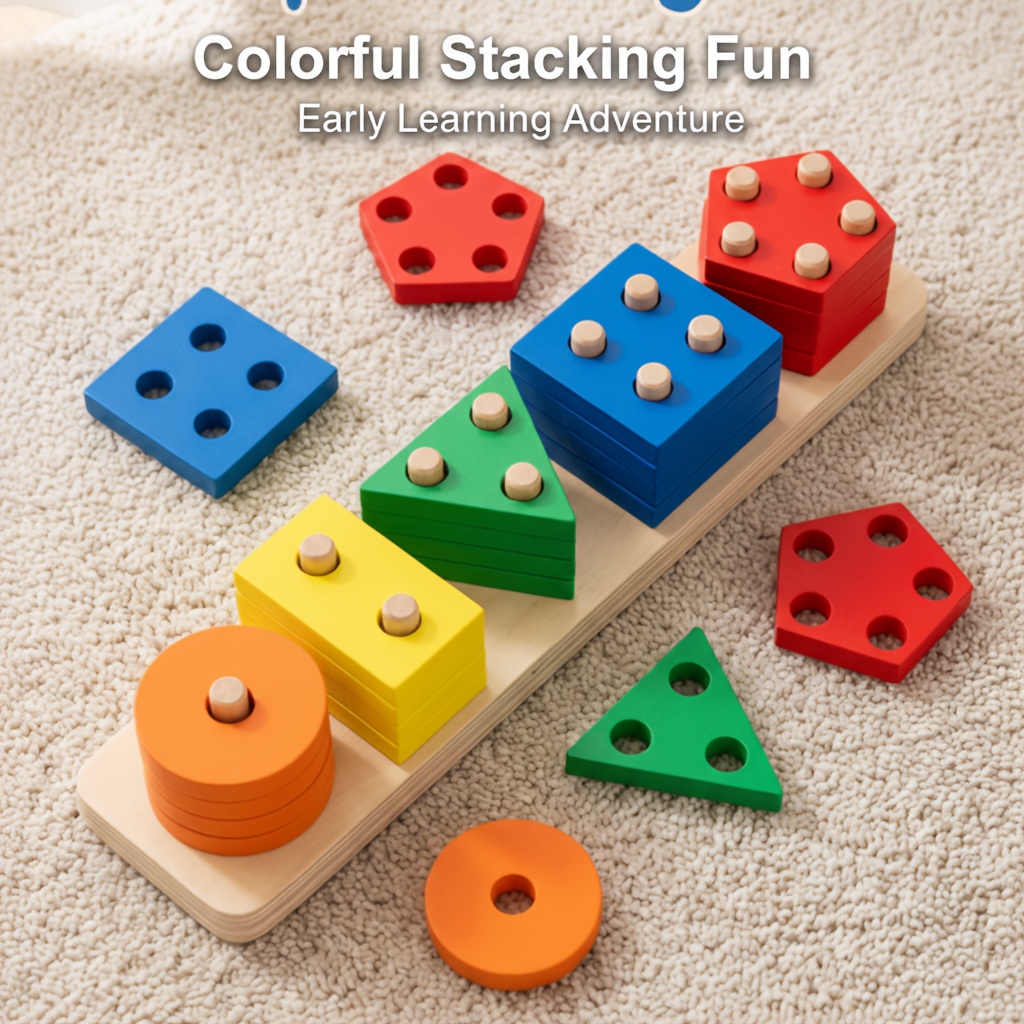Image of Baby Geometric Stacking Game, Geometric Matching Stacking Toy, Infant Shape Recognition Puzzle, Wooden Rainbow Column Set, Brain Teaser Blocks Gift