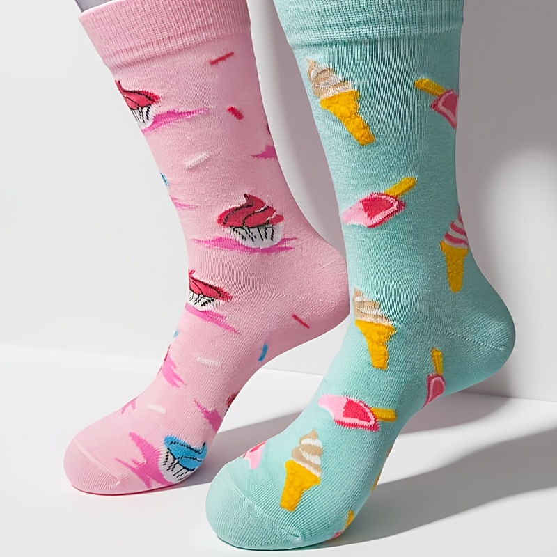 E-shop 1 Paar Damen AB-Socken-Stil Eiscreme-Druck Wadenhohe Socken – Asymmetrisch AB-farbwechselnd, weich, geeignet für Dating, Arbeit, Pendeln,