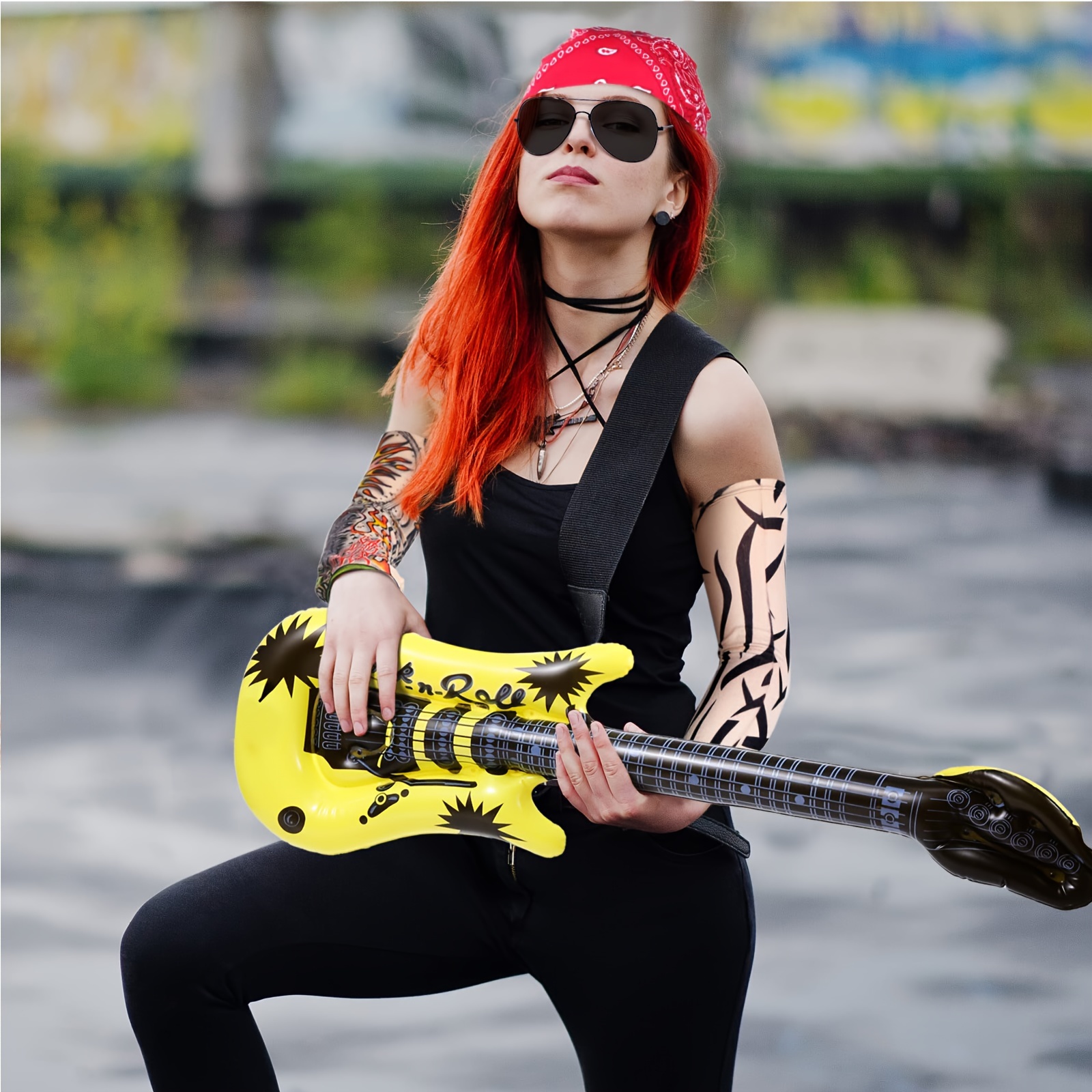 7pcs Retro Rocker Costume Set for Men & Women - 70s/80s Heavy Metal Hippie Wig, Bandana, Fashion Glasses, Punk Gloves, Tattoo Sleeves - Perfect for Halloween & Punk Parties details 6