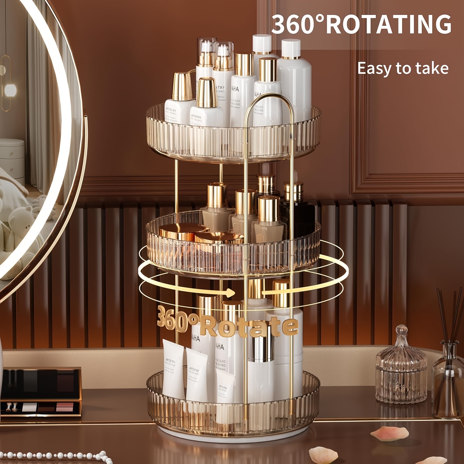 TEMU Rotating Makeup Organizer And Storage Dresser 3 Tiers, Large Capacity Cosmetic Light Beige Care Perfume Organizer For Dresser Bathroom Lazy Storage.