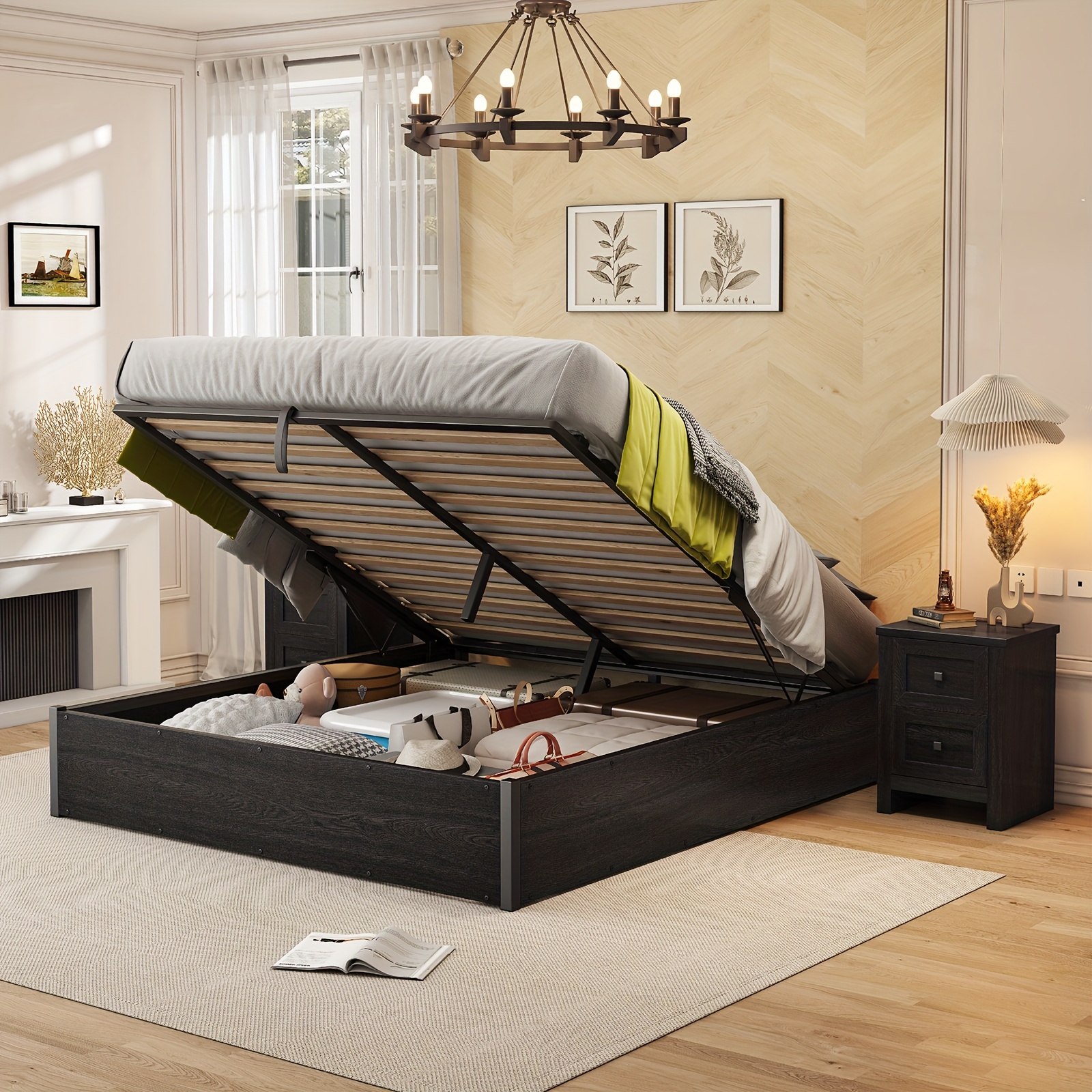 

Storage Bed With Storage Underneath, Wooden Platform Bed Frame, Solid Wood Slats Support, No Fixed Headboard, Spring Needed