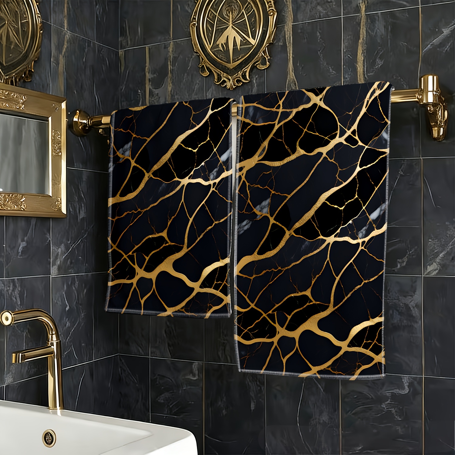 TEMU A Black And Golden Textured Themed Print Multi-functional Towel, An Essential Travel Hand Towel, Soft And Quick-drying Kitchen Towel, Suitable