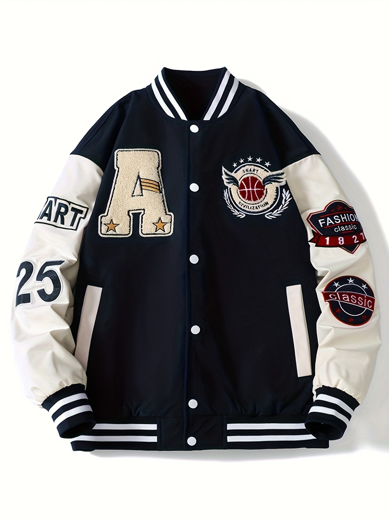 mens stylish embroidered college jacket american streetwear baseball coat with snap buttons polyester blend relaxed fit for spring autumn   0