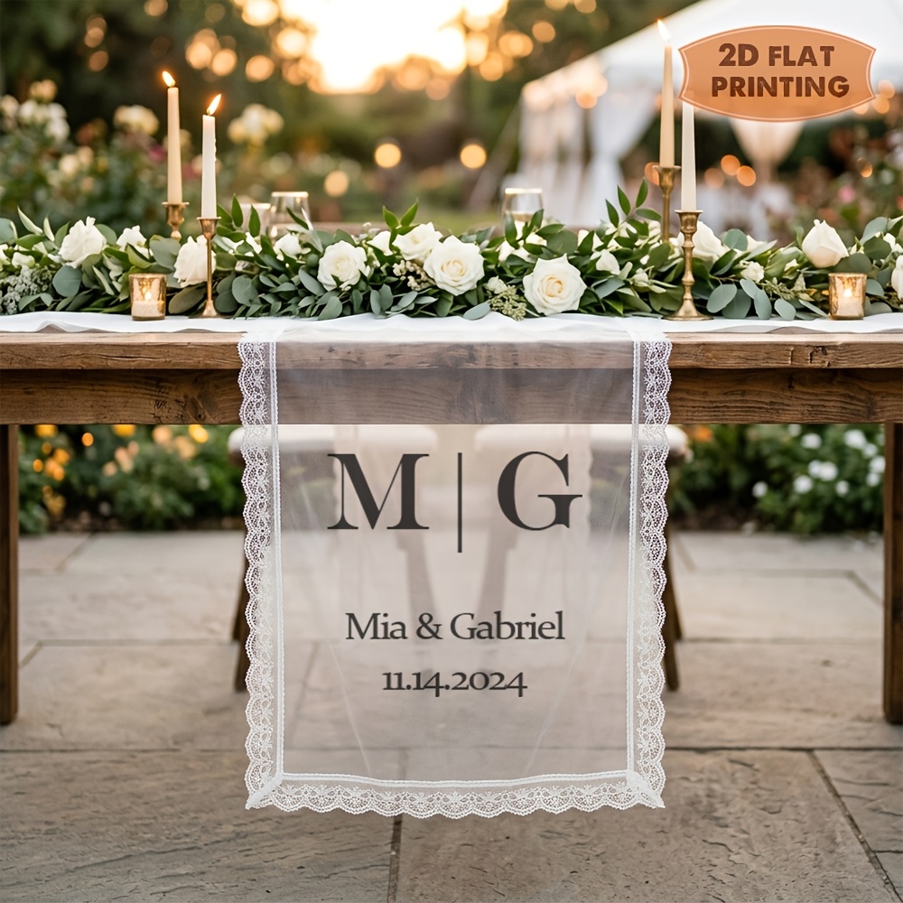 TEMU Nappe de table/de table, Chemin de table borduré en tulle personnalisé, Chemin de table de mariage personnalisé avec nom de famille, Décoration