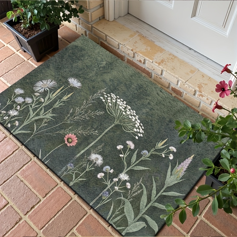TEMU 1pc Vintage Spring Floral Plant Pattern Outdoor Doormat, Golden Diamond Velvet Material Flat Printed Outdoor Entrance Welcome Area Mat, Suitable