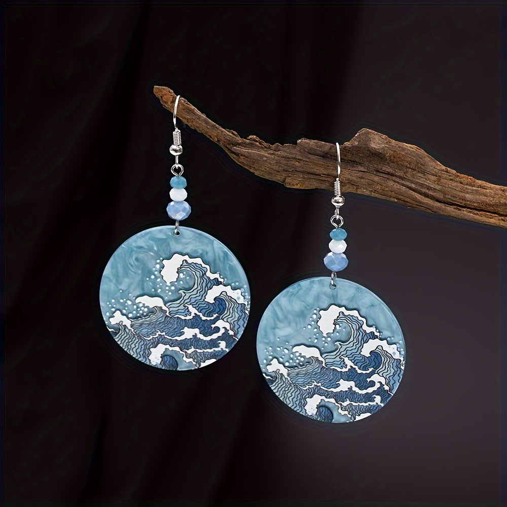 

Blue Round Shape Waves Pattern Dangle Earrings Elegant Ocean Style Holiday Vacation Earrings