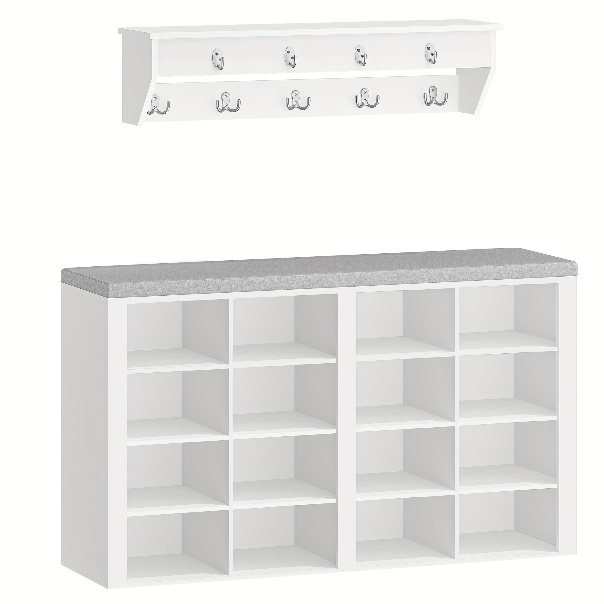 Wardrobe With Bench, Shoe Bench With Seat, Entrance Bench, Wall-mounted Wardrobe With 9 Hooks, 16 Compartments, For Living Room, Hallway, 30 X 104 X 59cm, White-grey
