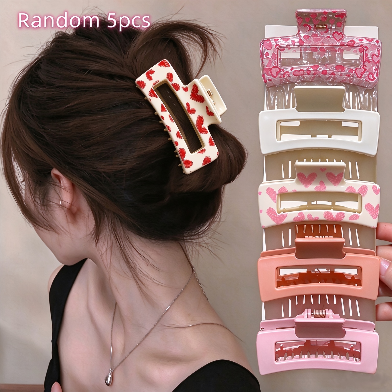 TEMU Random 5pcs Women's Pink And White, Stylish Pattern Medium Square Hair Claw Shark Clips For Everyday Updos, Recommended As Gift Additions