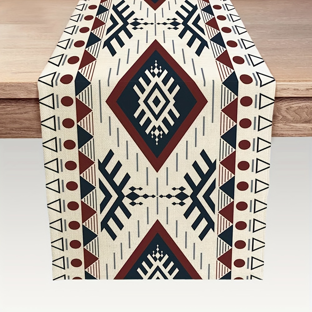 

1pc, Southwestern Native Tribal Ethnic Linen Burlap Table Runner, Boho Farmhouse Decor, Rectangular Woven Tablecloth For Kitchen Dining Room Coffee Table, 13x48/13x72/13x108 Inches