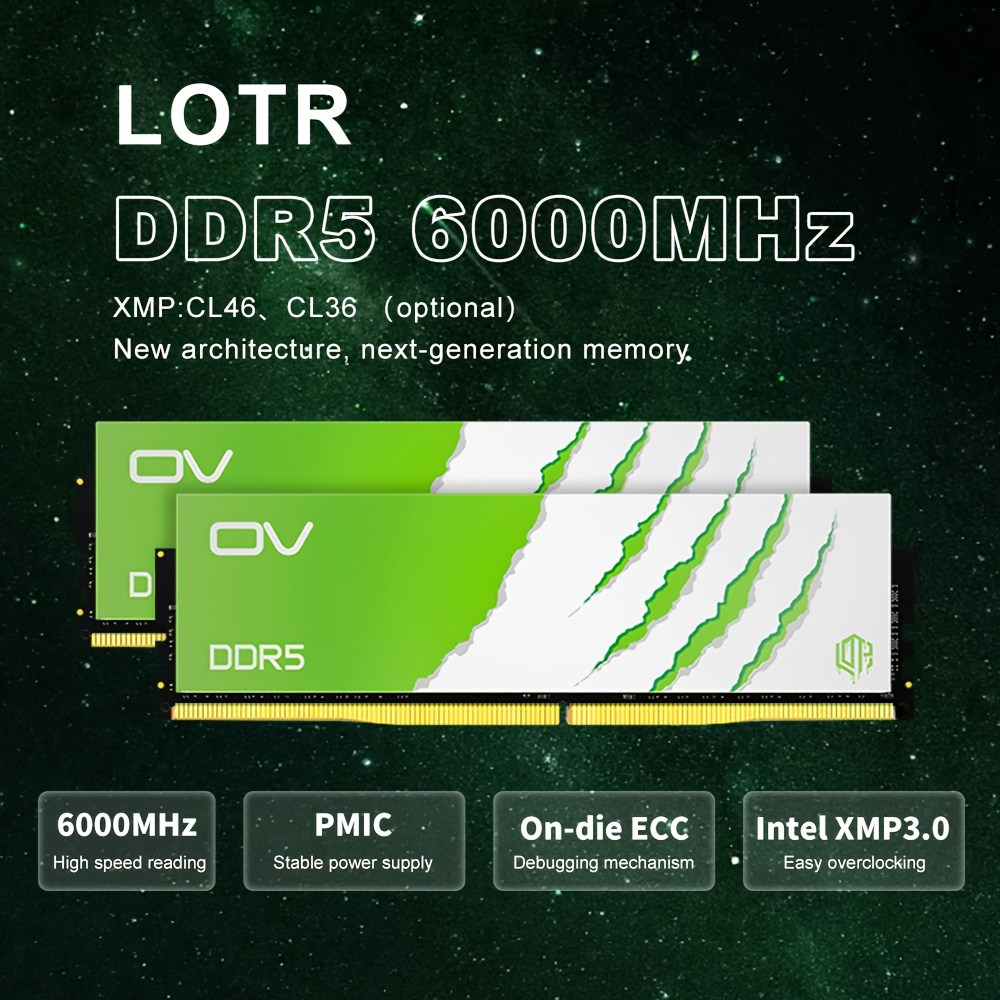 El módulo de memoria OVDDR5 CL36 de 16GB con una frecuencia de 6000MHz es adecuado para actualizaciones de computadoras de escritorio. Cuenta con un diseño antidesgaste Golden Finger, resistencia fuerte a la corrosión, buena conductividad y alto rendimiento, mejorando el desempeño general de tu ordenador. Su diseño duradero y materiales resistentes a la corrosión son ideales para uso en computadoras de escritorio y compatibles con placas base Intel y AMD