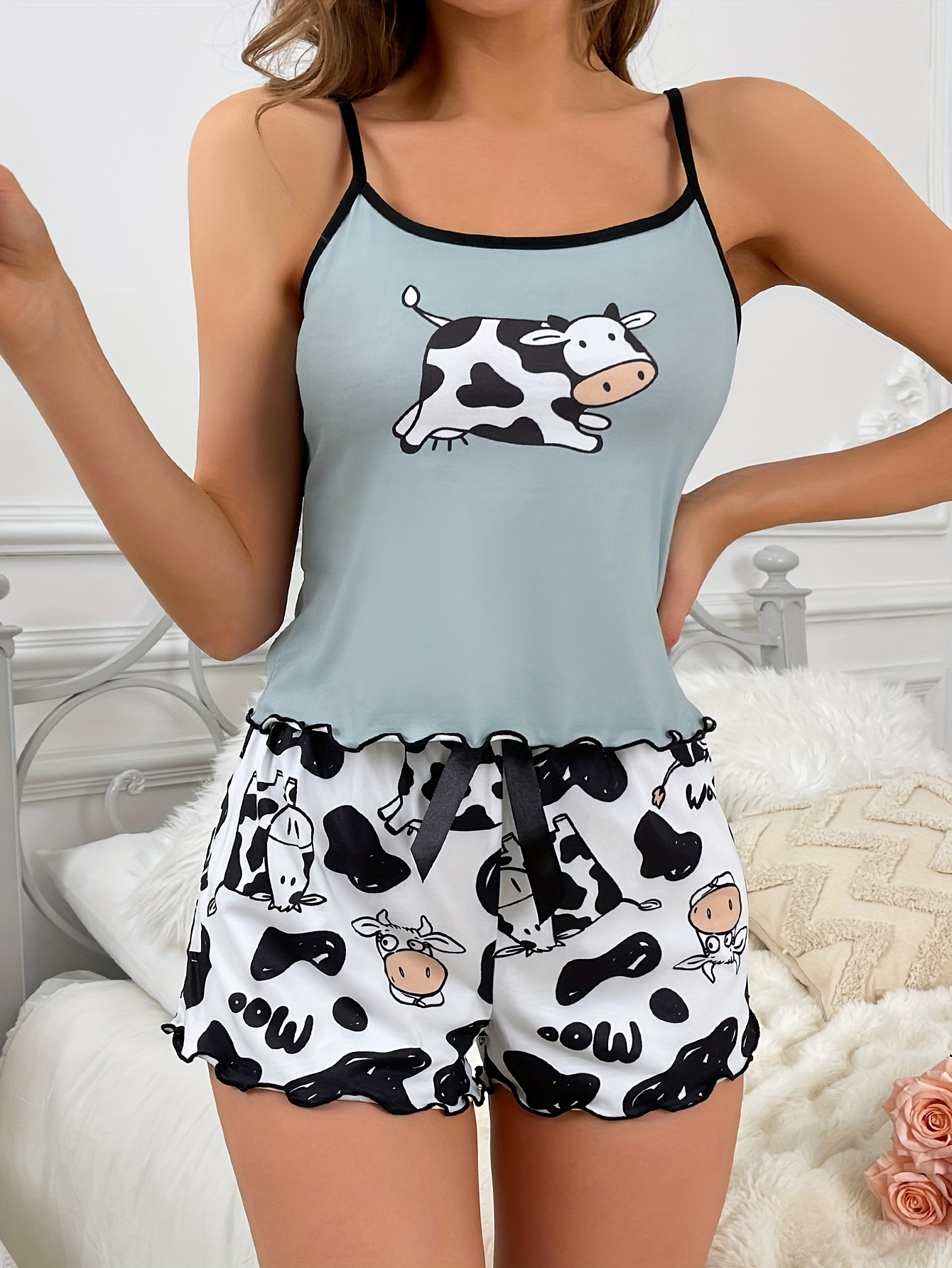 Cute Cow Print Pajama Set Lettuce Trim Sleeveless Cami Tops - Temu