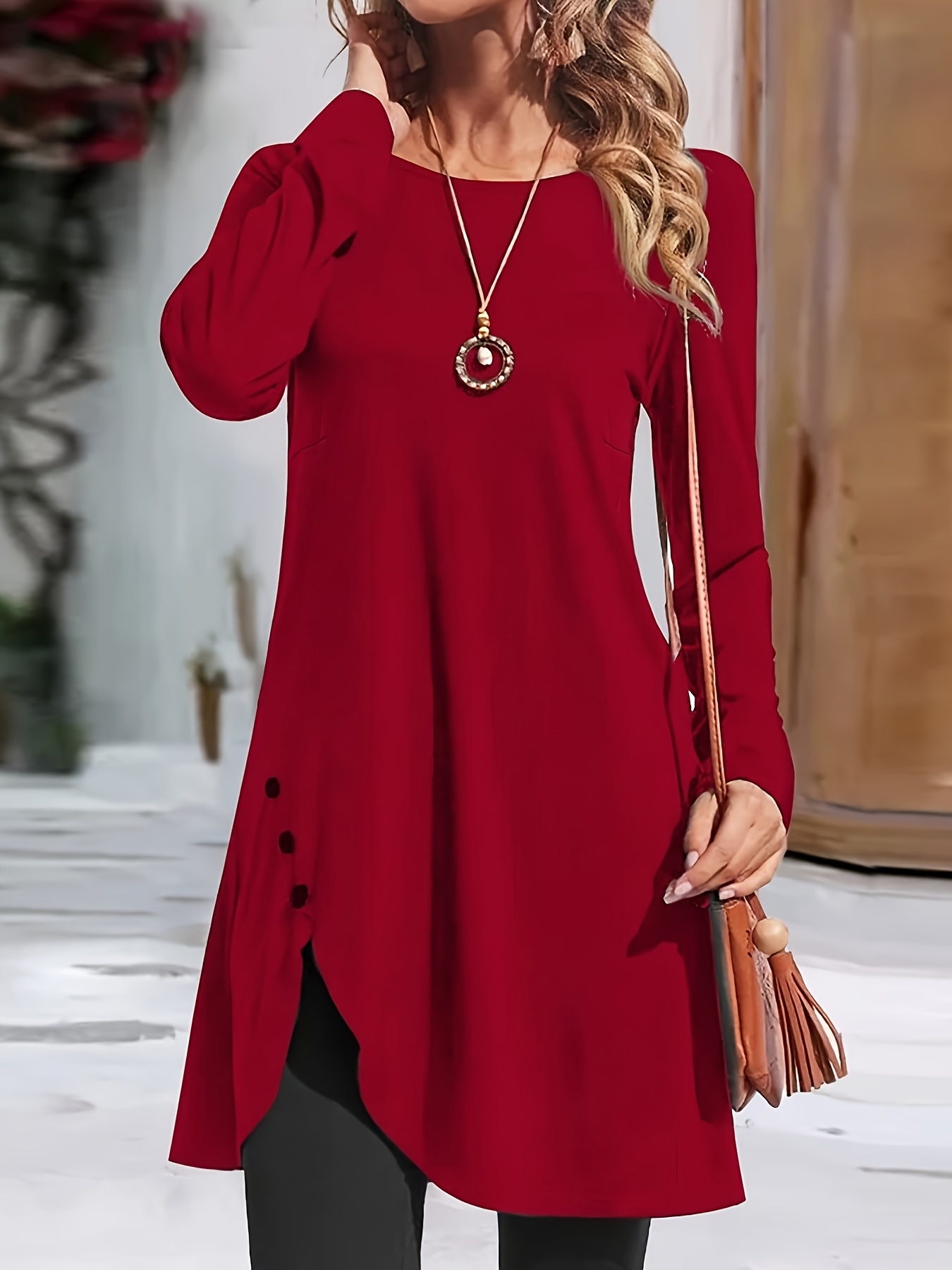 womens casual long sleeve tunic top vibrant red asymmetrical