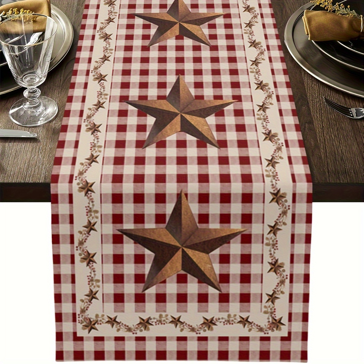 

Vintage Western Farmhouse Table Runner - Check With Star & Berry Design, Non-slip Linen Dresser Scarf For Kitchen, Dining Room, Banquet, Party Decor