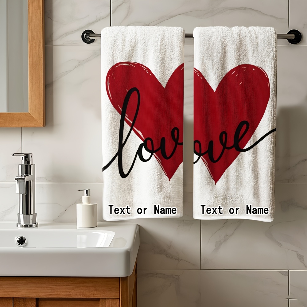 TEMU Customized, 2pcs Set, Personalized Bathroom Towels With Name Or Text, Red Heart With Black "love" Theme Print, Exquisite Towels, New Year Gift,