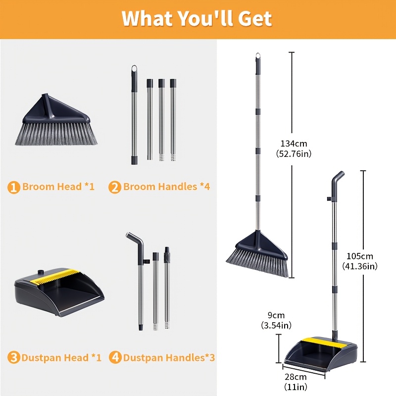 TEMU Professional Heavy-duty Commercial Broom And Dustpan Set With Adjustable Long Handle & Cleaning Teeth - Floor Sweeper Suitable For Carpet, Hard