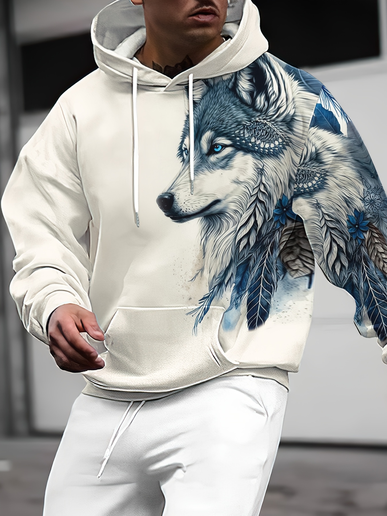 Mens Clothing Wolf Print Kangaroo Pocket Casual Hoodie Men's