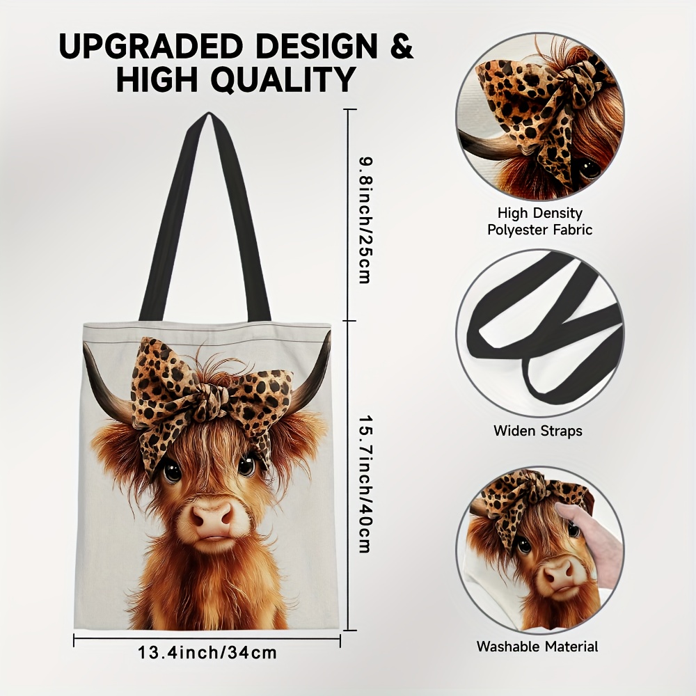 Image of 1pc, Adorable Highland Cow Design Shoulder Bag, Modern Art Portable Tote, Trendy Style, Sturdy Polyester, Suitable For Men's Beach Vacations And Everyday Commuting
