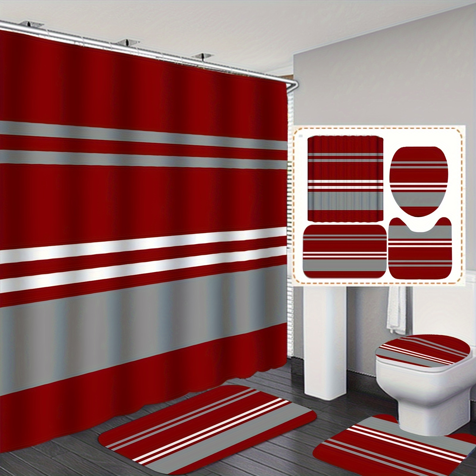 

4pcs Red And Gray Striped Shower Curtain Set, European Simple Bathroom Decor, Shower Curtain, Shower Mat, U Mat, Toilet Cover Mat