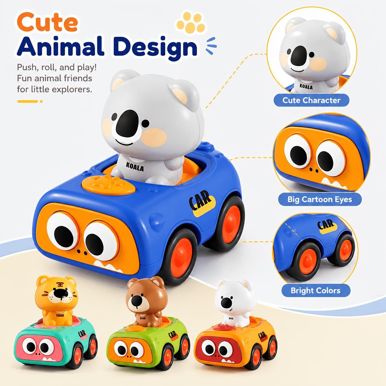Cute Animal Push Car Toy for Kids with Koala and Tiger Figures