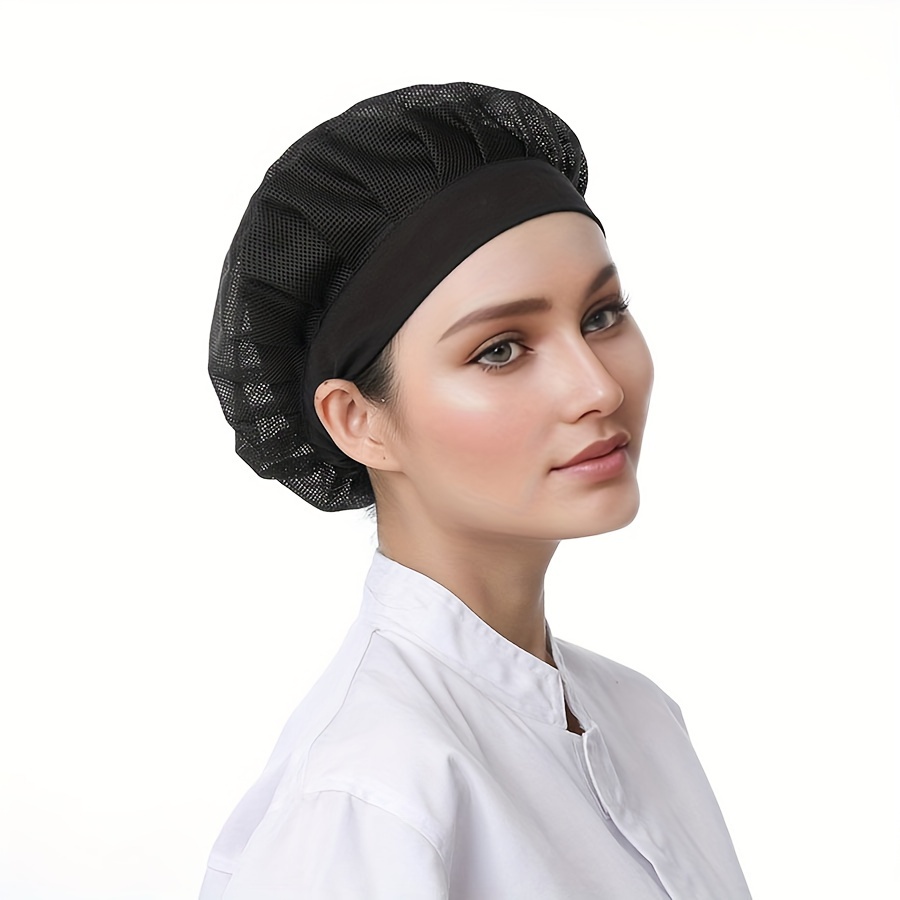 

Chapeau de chef élastique noir pour femmes, casquette de cuisine, filet de cheveux pour des aliments, chapeau de travail en polyester respirant, accessoire de mode sans bord pour dames