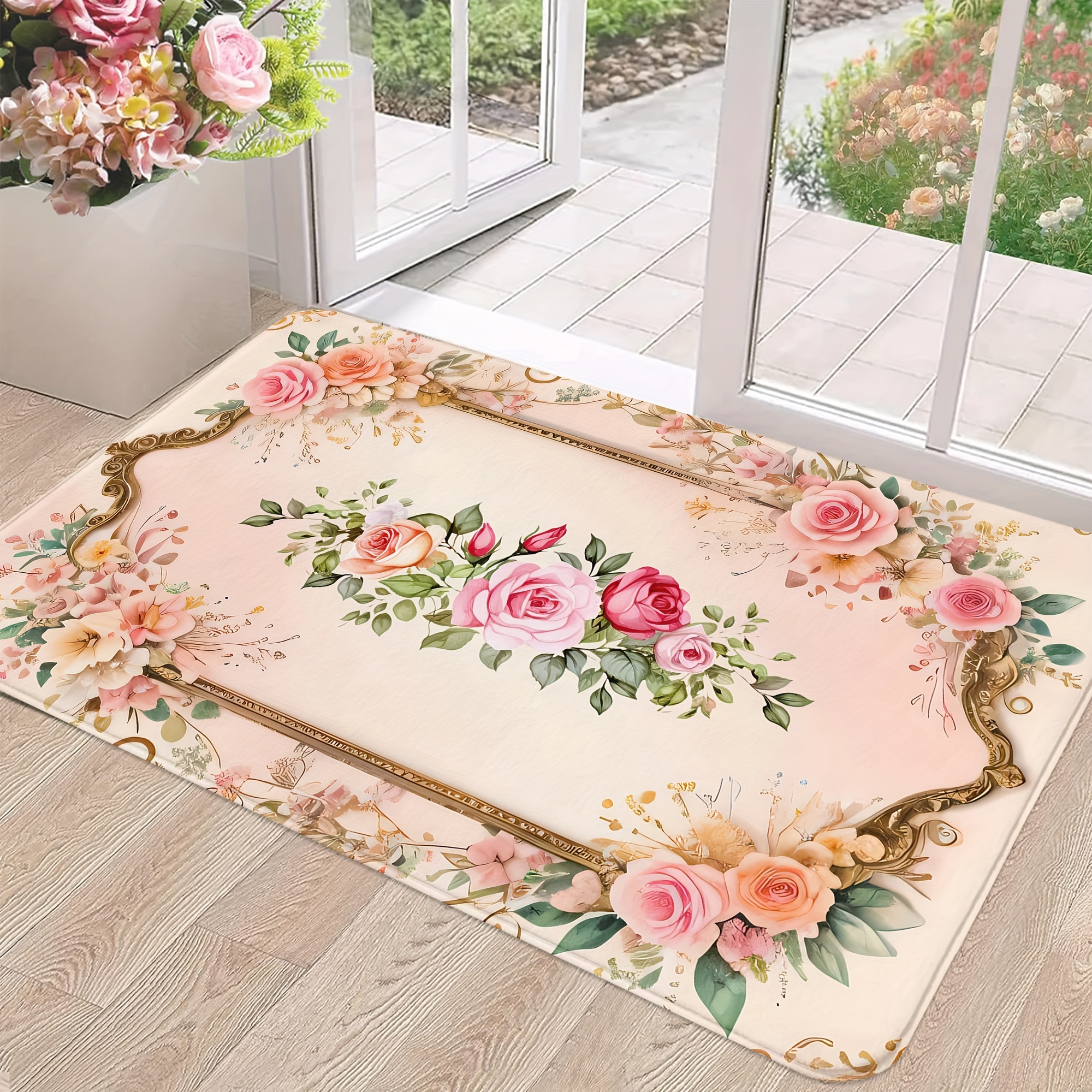 

Vintage Floral Printed Doormat - Non-slip Rubber Backing, Stain & Dirt Resistant, Machine Washable, Lightweight Braided Polyester Area Rug For Entryway, Kitchen, Home Decor - 12mm Thickness