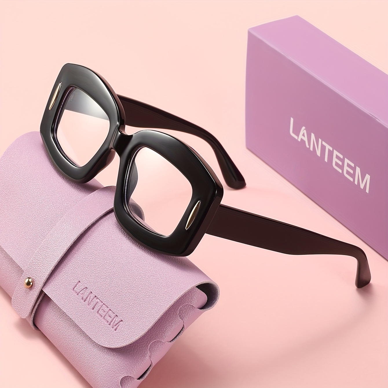 TEMU LANTEEM (Étui en cuir gratuit pour lunettes et étui de protection extérieur) 1 paire de montures carrées à jambes larges, lunettes de femme