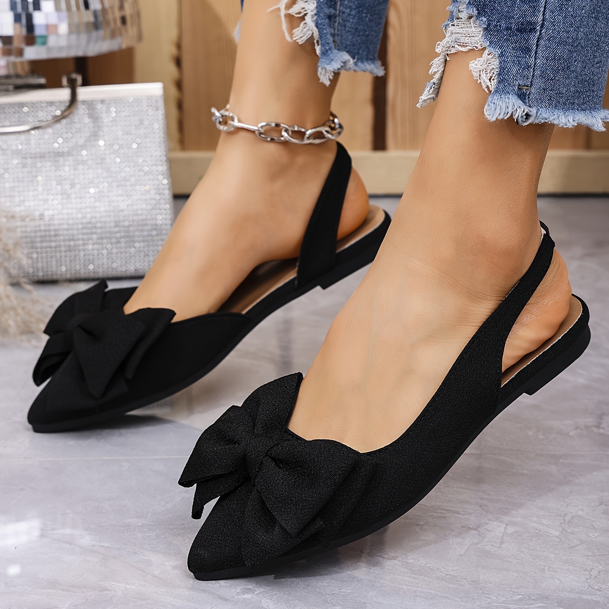 Women's Fashion Bow-Adorned Pointed Toe Slip-On Sandals with Adjustable Ankle Strap - Black Fabric Upper, Flat Comfortable Heel & Rubber Sole for Casual/Formal Occasions