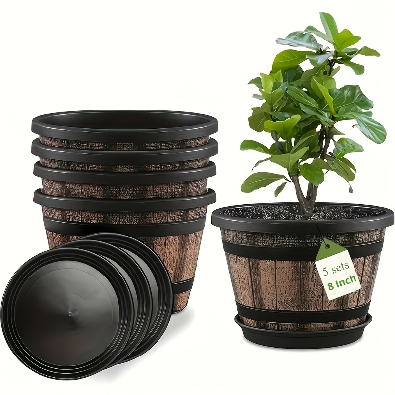 E-shop 10er-Set Whiskey-Fass-Blumentöpfe (Enthält 5 Blumentöpfe und 5 Untertassen), 7,78 Zoll (ca. 20 cm) mit Drainagelöchern und Untertasse,