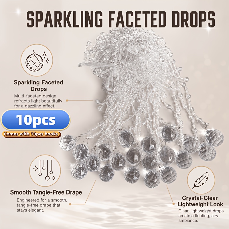 TEMU Guirlande de décoration à pendentifs en cristal pour fêtes, 10 perles pendentifs + 10 crochets, convient pour plafonds et murs, séparateurs de