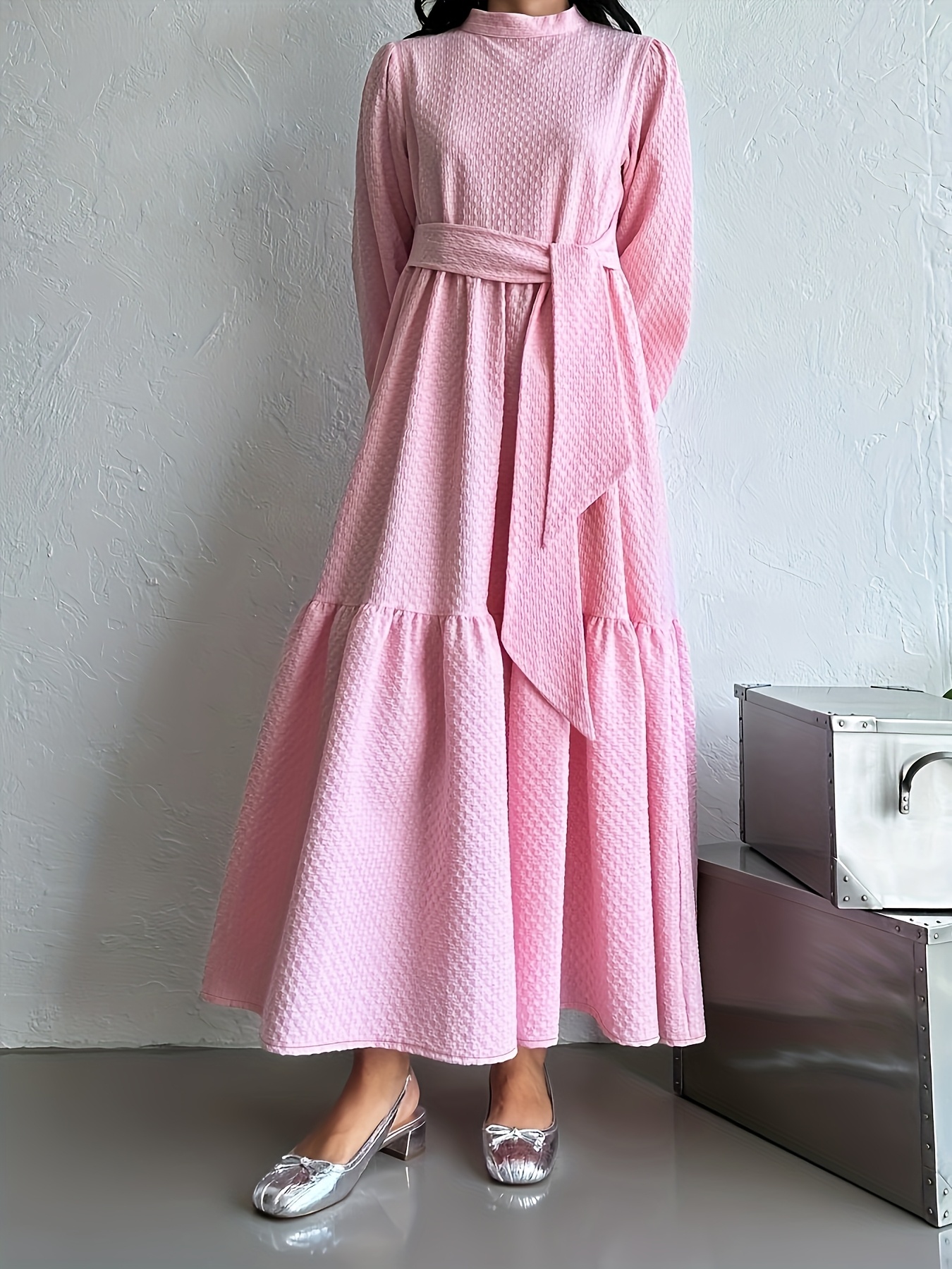 Women'S Elegant Long Sleeveless Maxi Dress Pink with Belt Detail,  Textured Fabric Spring/Summer, Casual Attire|Elegant Lo