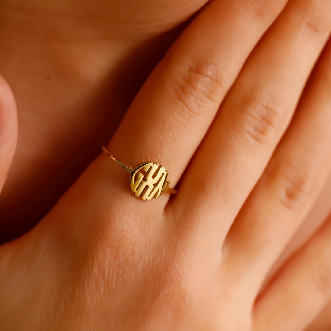 TEMU Custom Round Monogram Ring Personalized 3 Initial Ring Stainless Steel Cute Initial Women's Popular Jewelry