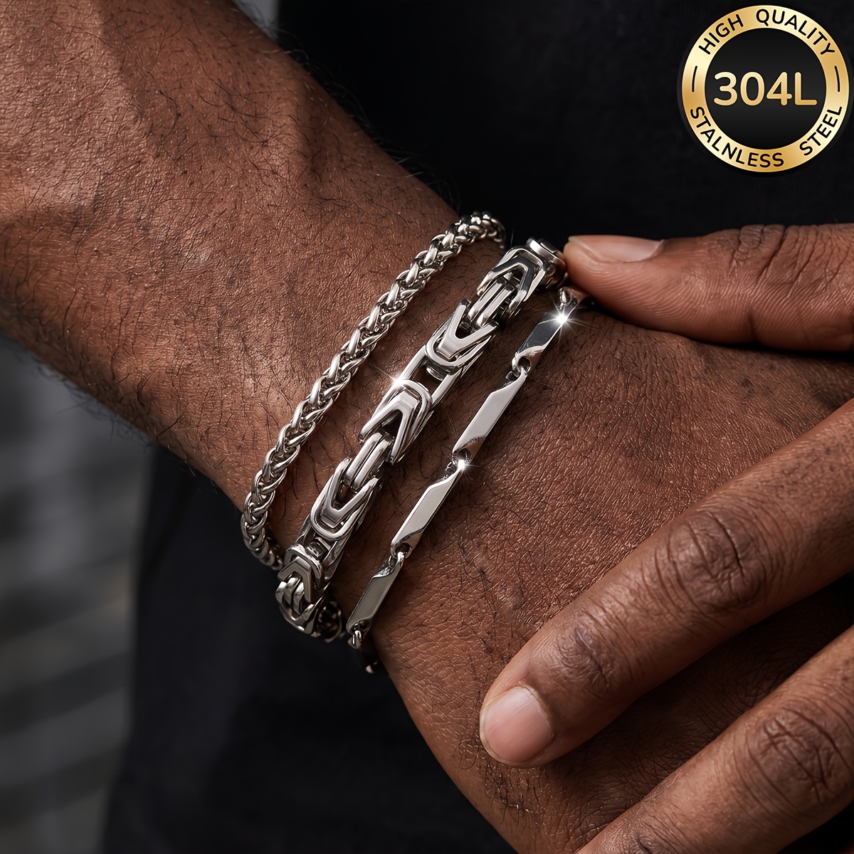 TEMU Set da 3 braccialetti in acciaio inossidabile 304L, impermeabili e che non sbiadiscono, gioielli da , gioielli , adatti per l'uso , come regali