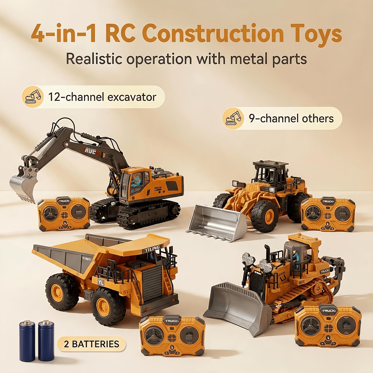 TEMU 4pcs/ 3pcs/ 2pcs Remote Vehicle Set, 2.4g 11-channel Rc Excavator, Dump Truck And Bulldozer Alloy Plastic Construction Toy Car Kit