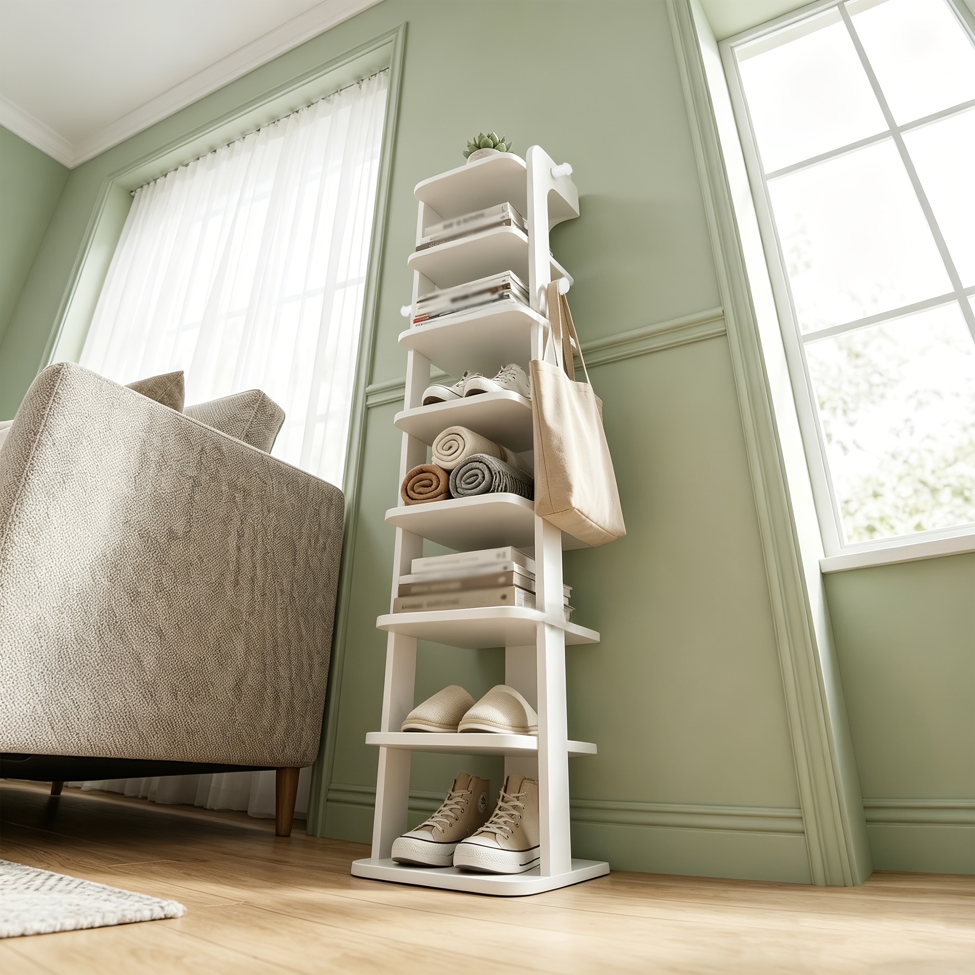 Standing Shoe Rack, Narrow And Adjustable Wooden Storage Furniture, Suitable For Entryway, Bedroom, And Living Room, With Built-in Hooks.