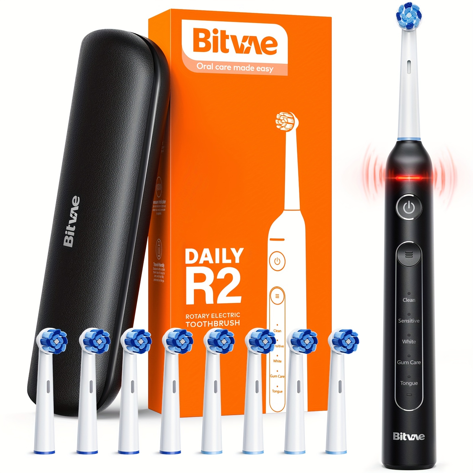 

Bitvae R2 Rotating Electric Toothbrush For Adults With 8 Brush Heads, Travel Case, 5 Modes Rechargeable Power Toothbrush With Pressure Sensor, 3 Hours Fast Charge For 30 Days, Black