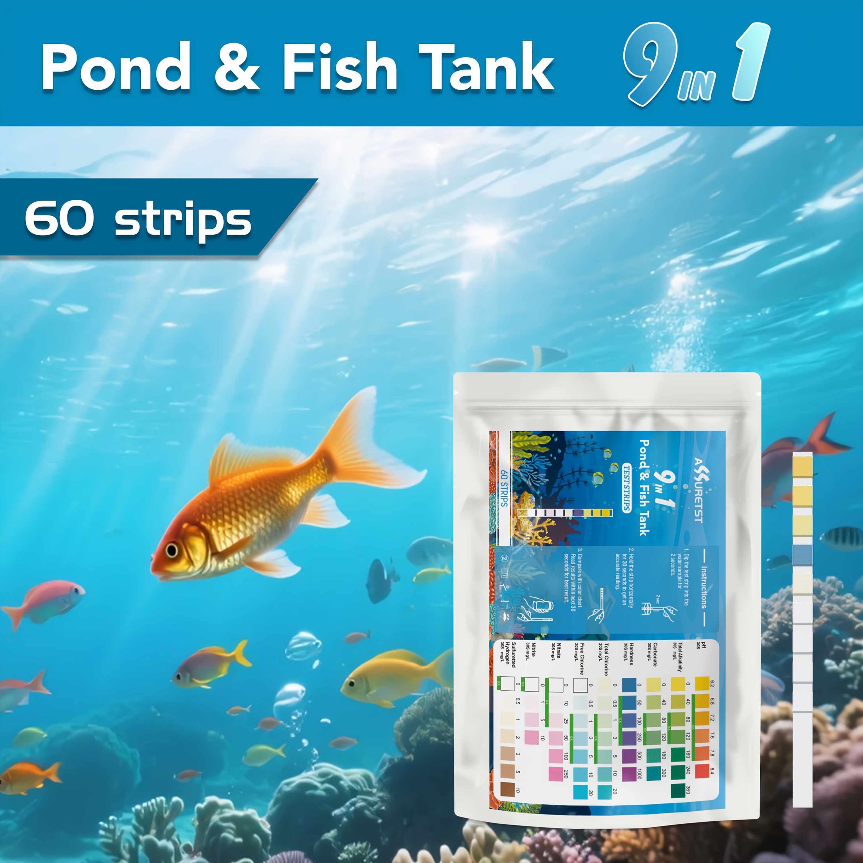 Aquarium Water Quality Test Strips 9 In 1 | 60 Strips | Quick And Accurate Testing For Freshwater And Saltwater Tanks - Can Test Ph, , Alkalinity, Hardness, , Nitrite