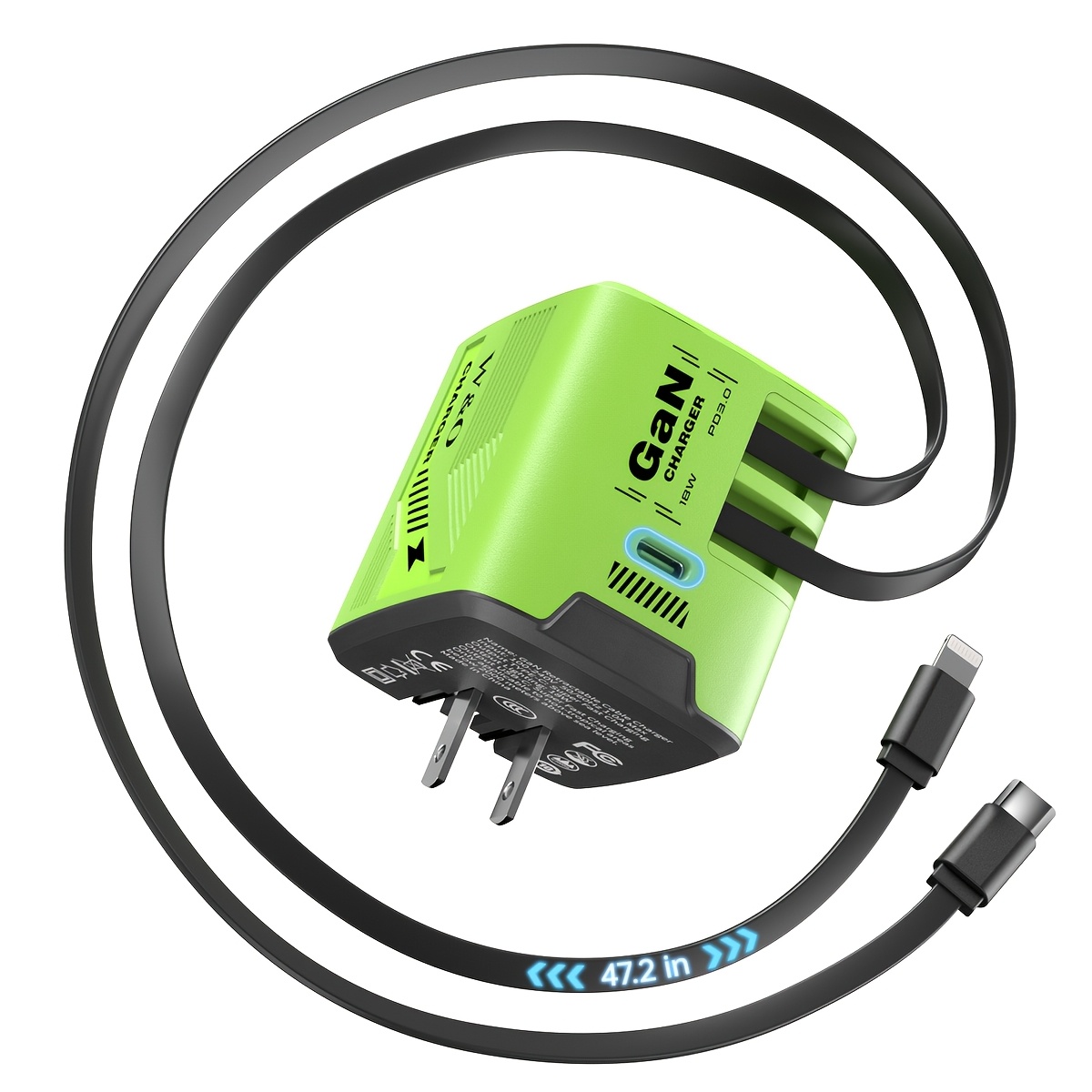 TEMU Chargeur Rapide GaN 120W, Équipé d'un Câble Rétractable et d'une Fiche Pliable, avec un Câble de Données Rétractable Ultra-long - 120 cm/47,24
