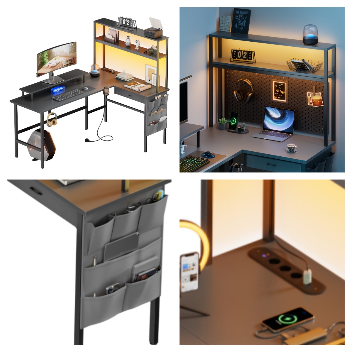 L-shaped Corner Computer Desk With Strips And Multi-tier Storage Shelves, Gaming Desk, Study Table Ideal For Offices, Gaming Rooms And Dormitories