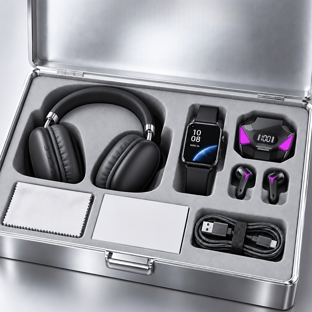 TEMU 3pcs Tech Gift Set, Wireless Over Ear Headphones, Bluetooth Earbuds With Digital Display Charging Case And Minimalist Watch, Premium Electronic