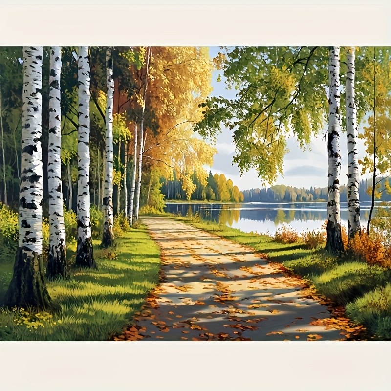 TEMU Kit de peinture diamant 5D adapté à toutes - Toile de paysage ronde de 30X40Cm/11.8X15.7In avec un chemin de forêt d'automne et une vue sur le ,