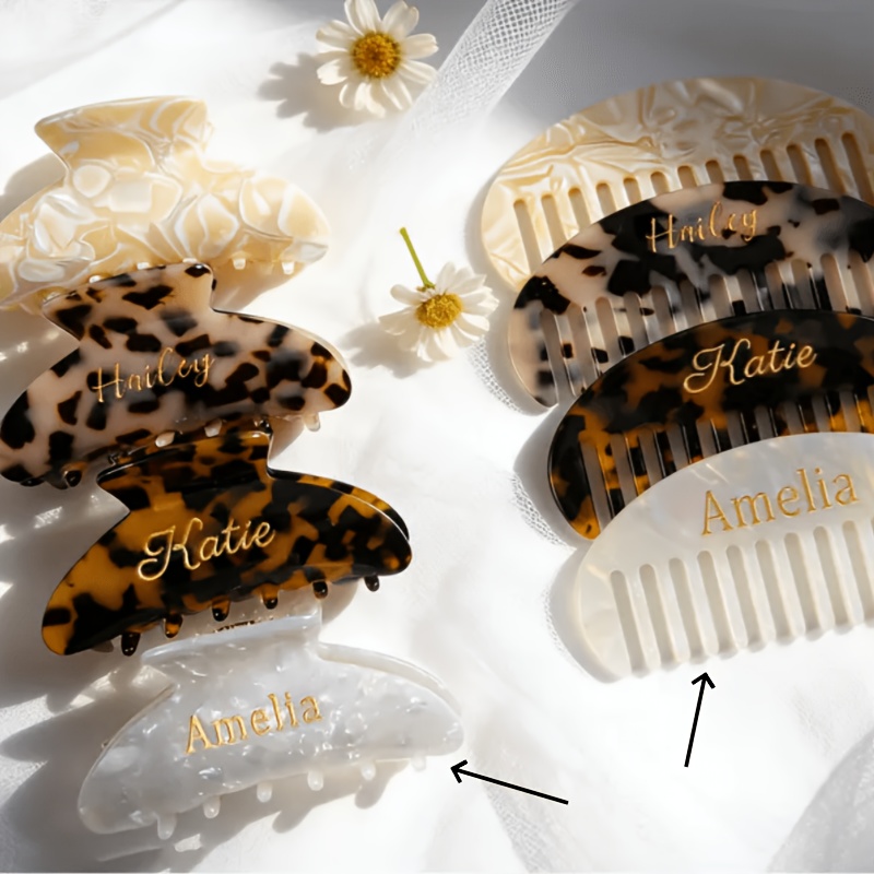 TEMU 2pcs Personalized Customized Claw Clip Set, Women's Hair Clips, With Personalized Name Comb, Accessories, Simple Hair Comb, Vintage-style Claw