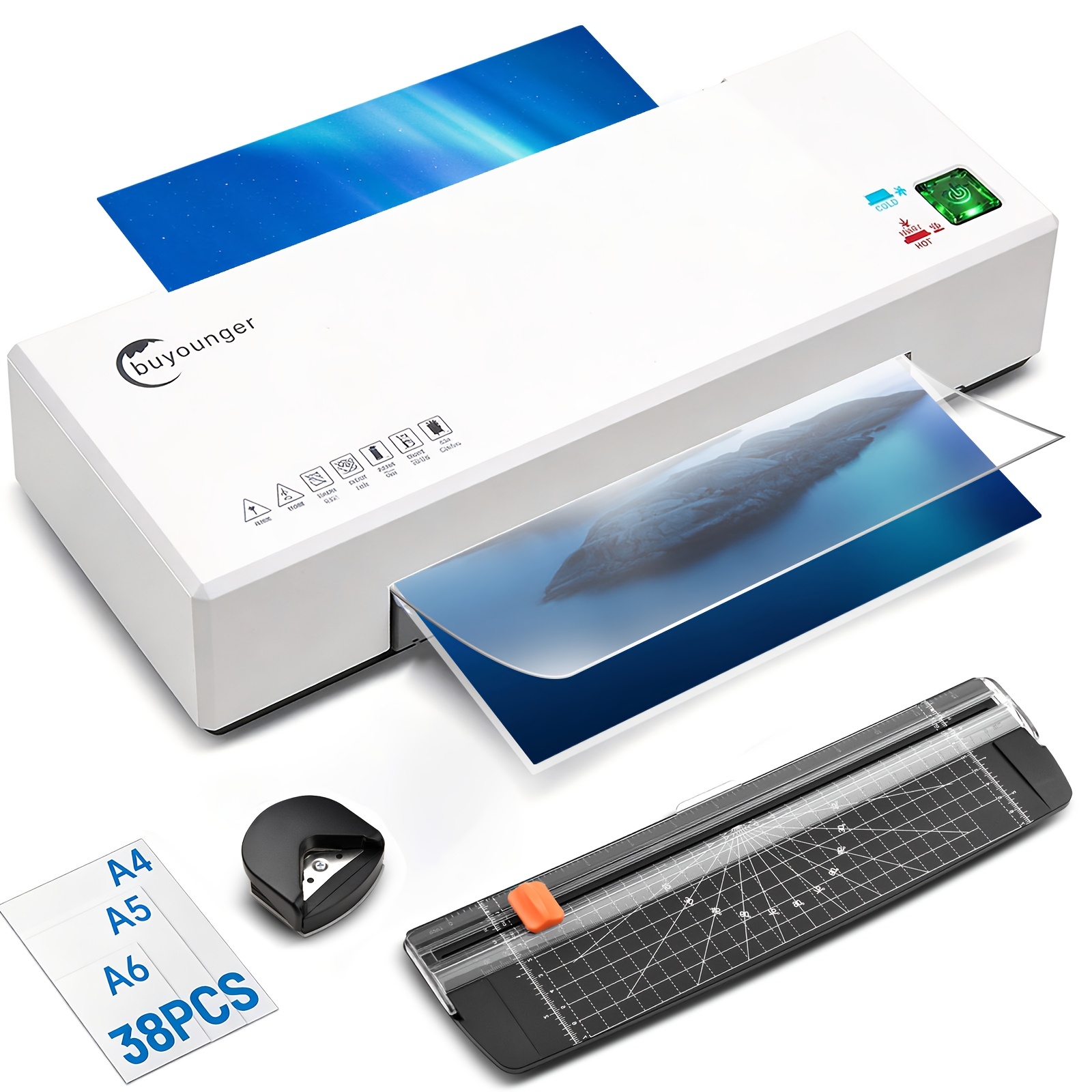 Image of Buyounger Laminator A4 With 38 Laminating Pouches A4 A5 A6, Laminator With Paper Cutter And Corner Rounder For Home, Office, And School Use