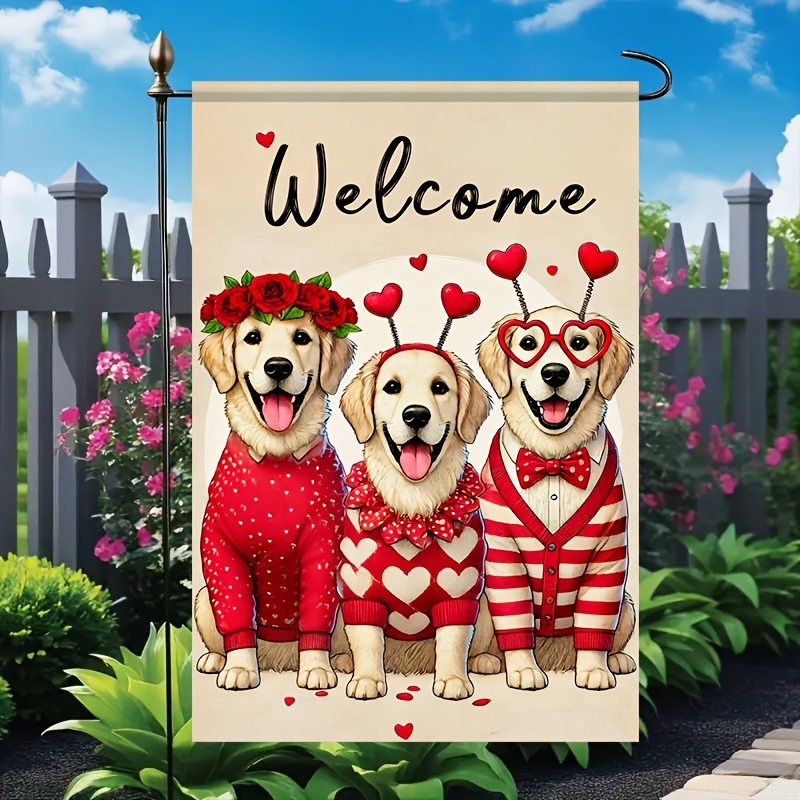 

Golden Retriever Flag - Cute Dogs With Valentine's Day Hearts, Double-sided Polyester, 12x18 Inch, Indoor/outdoor Decoration For Patio And Garden, Pole Included