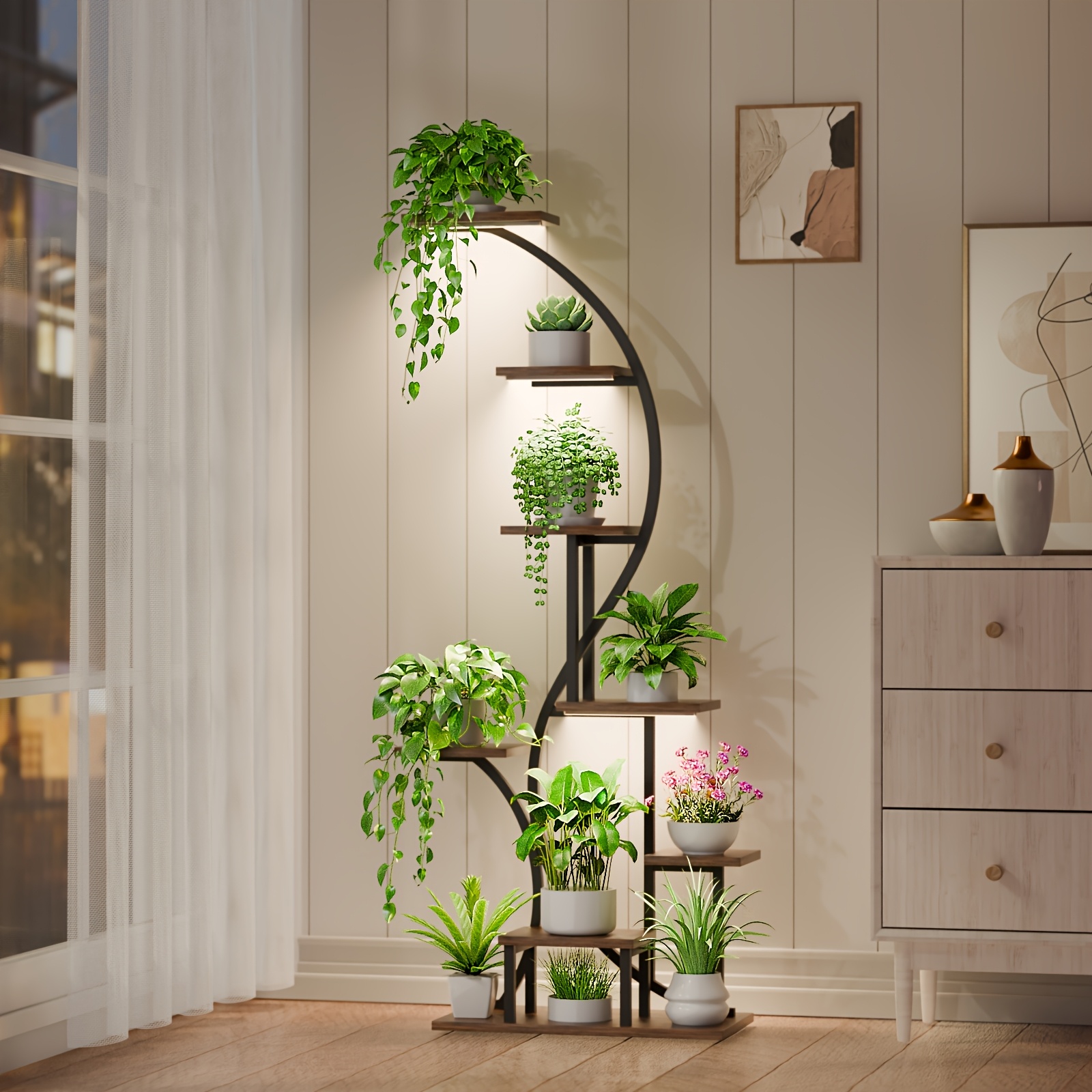 1pc Tall Plant Stand Indoor   Lights, 8-tier 165cm Multi-functional Metal Display Shelf for Plants   Photos Frames, Curved-shaped Shelf for Living Room Balcony Staircase Corners Window Edges   for Gifts Home Decor