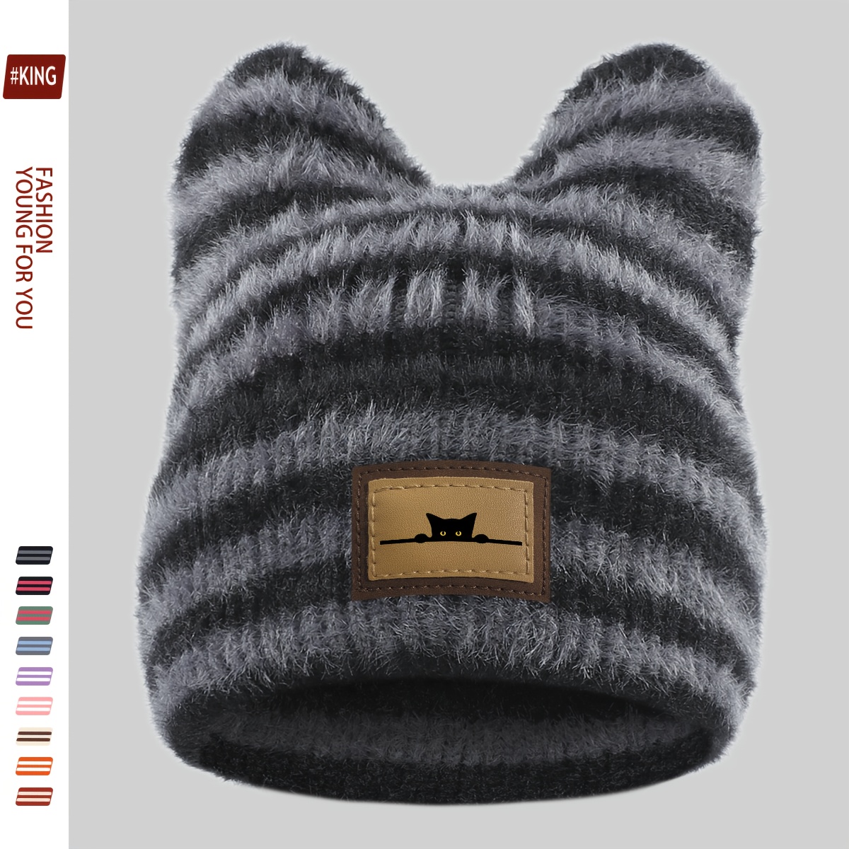 TEMU 1pc Black Thick Plush Striped Hat, Warm Brimless Beanie For Autumn/winter, Cute Women's Earflap Hat, Outdoor Hip-hop Skateboard Hat, Casual