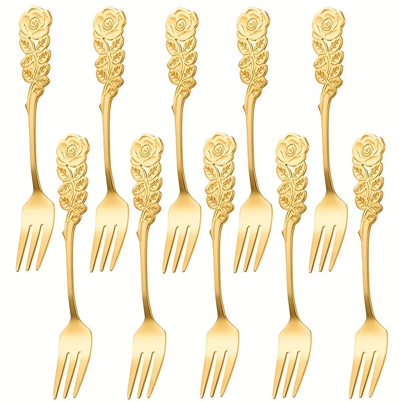 Image of 10pcs Stainless Steel Golden Dessert Fork Set, Romantic Rose , Elegant Fork, Cake Fork Cutlery, Suitable For Weddings, Valentine's Day, Mother's Day, Thanksgiving, Christmas