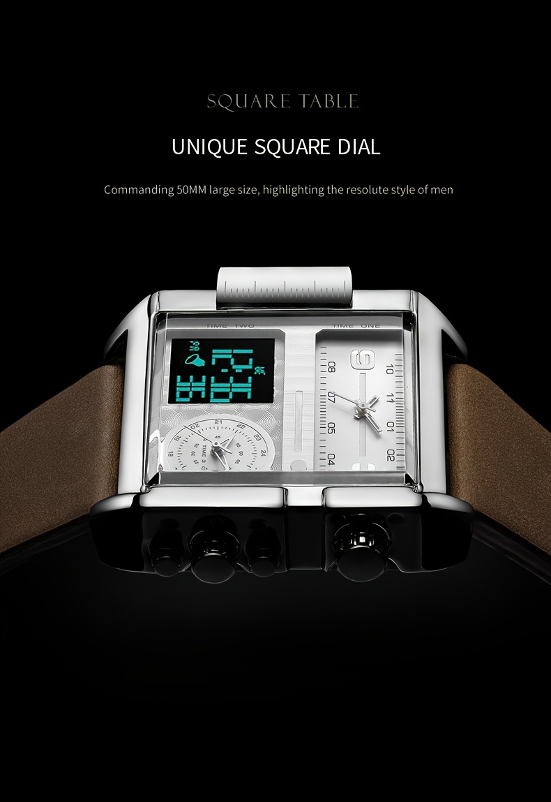  mens watch quartz watch 50mm large dial square mens watch multifunctional sports mens watch luminous alarm clock timer 24h calendar cowhide strap mens gift fk030 details 3